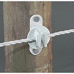 Wood or vinyl post insulator w/ screws white, fits poly wire, poly rope, high tensile wire. Plastic.