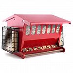 Double sided feeder ports. Top features a racoon and squirrel-resistant latch. Suet baskets on both sides feature a snap-on latch to easily replenish suet. Seed level indicator windows on both sides. 2.5 gallon capacity.