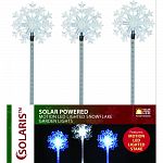 Solar fiber, snowflake shaped top with motion led lighted stakes Contains: 16 assorted stakes Actual size: 5 lx3 wx33 h