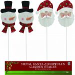 Durable coated metal snowman and santa with led light-up eyes Battery operated Comes with timer set to 6 hrs on and 18 hrs off Decorations are attached to garden stakes and can be put anywhere outside