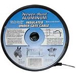 The Never Rust Aluminum Insulated Under Gate Cable - 14 gauge is very flexible and easy to place in a trench. Spool contains 50 ft. of 14 gauge galvanized aluminum. Rated for 40,000 volts. Highly resistant to moisture and abrasion.