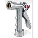 Pistol Grip heavy duty metal nozzle features mid-size, zinc metallized body. Poly valve assembly with fixed nut. Hold open clip for continuous spraying. Self-adjusting for lifetime leak-free seal. Has a pistol grip.
