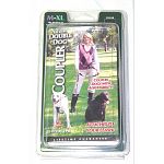 The Double-Dog Coupler utilizes your existing leash and allows you to walk 2 dogs at once! You have the option of walking two dogs close together, two dogs far apart, and dogs of different sizes.