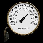 AcuRite Brand high quality swing arm brass thermometer. Face is white and finished in black. Mounting bracket and steel case included. 3.5 inch diameter