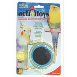 Durable plastic and metal toy attaches to any horizontal or vertical wire cage with a strong easy-grip nut. Large round double sided mirror spins inside rotating ring. Parakeets and other small birds require stimulation and exercise for their well-being.