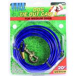 For medium dogs up to 50 lbs Tangle free Weather resistant Extra strong snaps and cable Easily attached to post or stake
